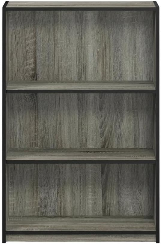 Furnifact French Oak Grey 3-Tier Adjustable Shelf Bookcase with Wooden Shelves, Modern Storage Solution for Home Office or Living Room