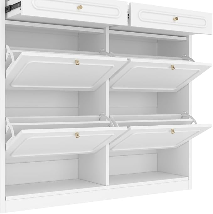 Wooden Shoe Cabinet with 4 Flip Drawers 2 Storage Drawers Farmhouse Style Shoe Organizer for Classified Storage Black (Light White)