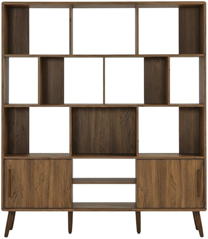 Furnifact Walnut Bookcase with Sliding Doors, 59-Inch Storage Shelf, Flexible Shelving, Modern Design, Durable, for Living Room or Office