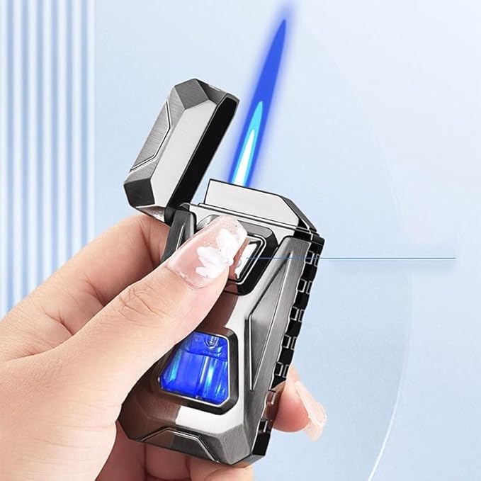 Voice Activated Windproof Dual Flame Lighter, USB Rechargeable Arc Lighter,Jet Flame and Soft Flame, Visible Transparent Window, Refillable Butane Lighter, Cool Lighters Gift for Men(Chrome)