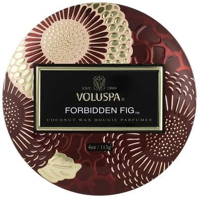 Voluspa Forbidden Fig, Mini Tin Candle, 4 oz, 25 Hour Burn Time, Coconut Wax for Clean Burning, Handcrafted in The USA