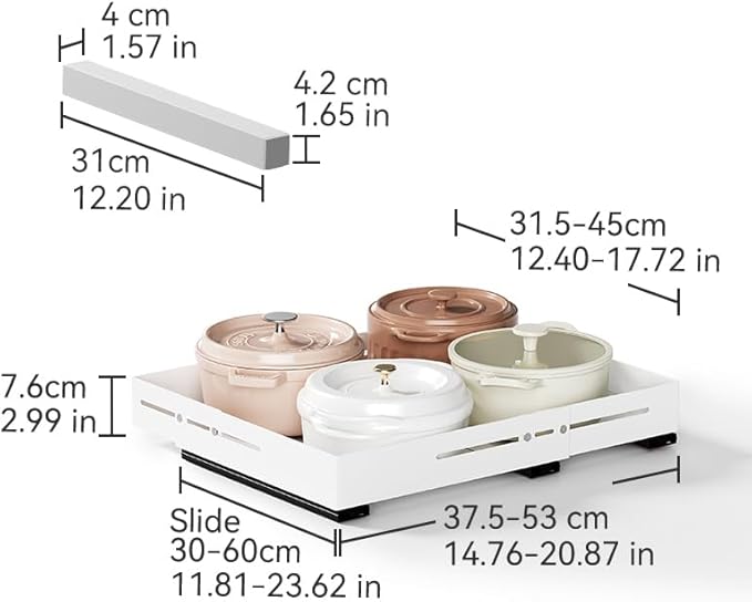 Pull Out Cabinet Organizer With Raising Pad for Framed Cabinets,Adjustable Depth(12.8"-17.5") And Width(14.8"-20.5"),Slide Out Drawers,No Drill Design,Heavy Duty Storing,White