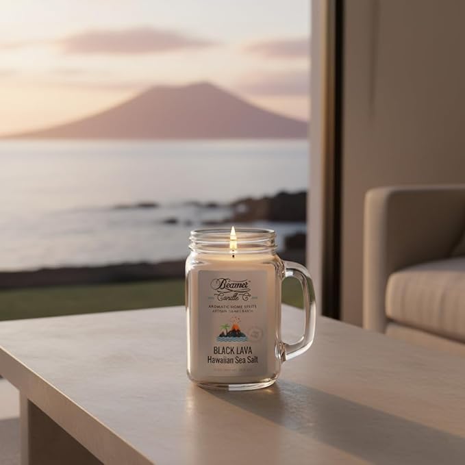 Black Lava Hawaiian Sea Salt – Strong Scent Candle with Sea Salt, Jasmine & Rosewater – 90 Hour Burn – 12oz Mason Jar – Made in USA – Beamer Candle Co.
