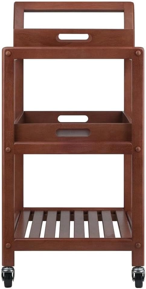 Furnifact Solid Wood Kitchen Cart On Wheels with Two Removable Serving Trays, Slatted Shelf, and Locking Casters, Versatile Bar Cart