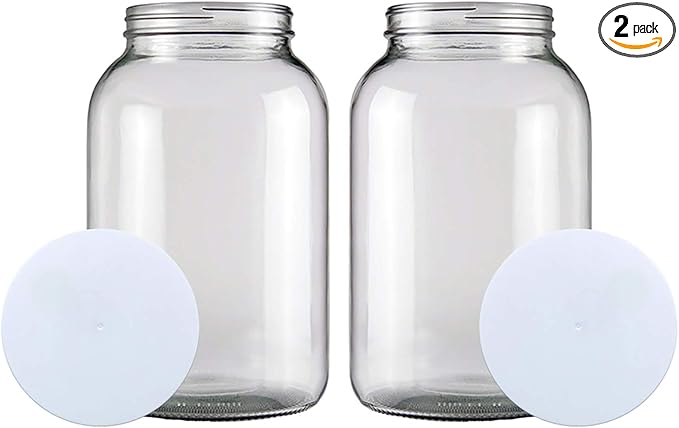 (2 PACK) Bolt Goods 1 Gallon Wide Mouth Glass Mason Jar + Airtight Plastic Lid with Liner Seal + USA MADE + Ferment & Store Kombucha Tea or Kefir for Canning, Pickling & Preserving, Dishwasher Safe