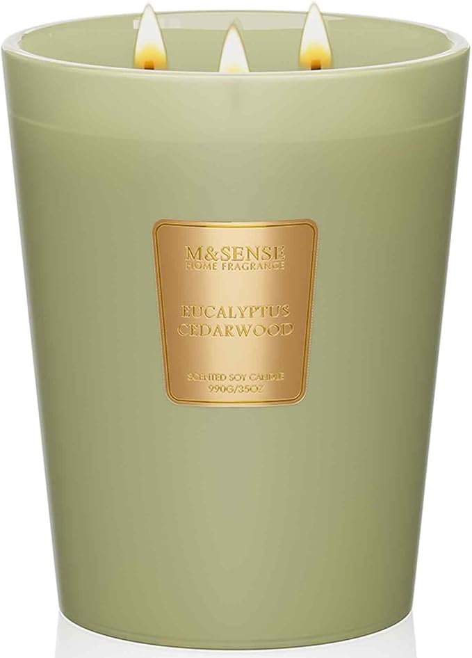 M&SENSE Eucalyptus Cedarwood Soy Large Candles, 3-Wick 35oz 150H Slow Burning, Aromatherapy Candle for Office Relaxation Winter Home Decor