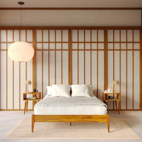 Bme Dinkee Wooden Queen Bed Frame, 15 Inch Height, Elegant Minimalist Modern Design with Japanese Joinery, Durable Wood Slats for Reliable Support, No Box Spring Required, Caramel
