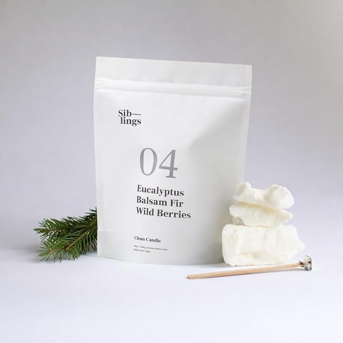 Siblings Candle Refill Kit – DIY Coconut Soy Wax Candle Making Kit for Reusable Vessels – Non-Toxic Clean Burn, Wooden Wick – Scent No 04: Eucalyptus, Balsam, Wild Berries – 60 Hour Burn