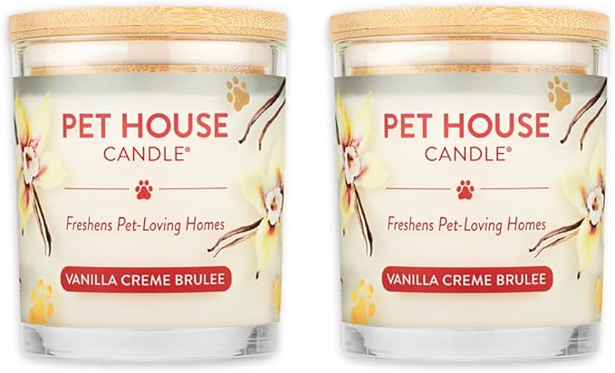 One Fur All Pet House Candle 2 Pack - Plant-Based/Soy - Clean Burning Scented, Long Lasting Pet Odor Candle for Home - Vanilla Crème Brulee