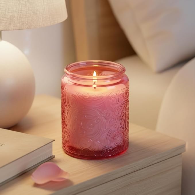 9-Pack 8oz Embossed Glass Candle Container with Bamboo Lids and Labels, Pink Candle Jars for Making Candles, Sun Moon Star Design
