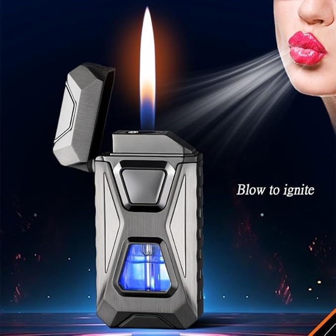 Voice Activated Windproof Dual Flame Lighter, USB Rechargeable Arc Lighter,Jet Flame and Soft Flame, Visible Transparent Window, Refillable Butane Lighter, Cool Lighters Gift for Men(Green)