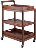 Furnifact Solid Wood Kitchen Cart On Wheels with Two Removable Serving Trays, Slatted Shelf, and Locking Casters, Versatile Bar Cart
