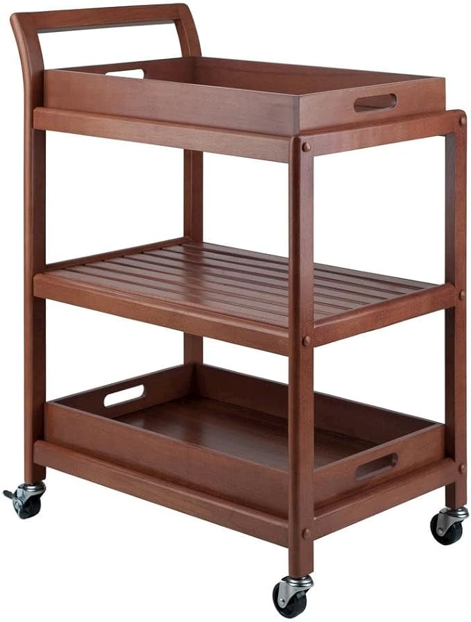 Furnifact Solid Wood Kitchen Cart On Wheels with Two Removable Serving Trays, Slatted Shelf, and Locking Casters, Versatile Bar Cart