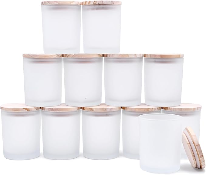 SHOWIN Thick Candle Jars for Making Candles 12 Pcs, 7 OZ Empty Jars with Wood Lids for Candle Making, Sample Container, Frosted White