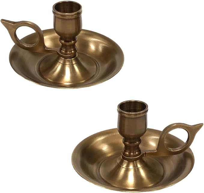 Antique Brass Brighton Bun Chamberstick Set, Portable Travel Candle Holder, 3.75 Inch Wide, 2.5 Inch Tall, 2-Piece Set
