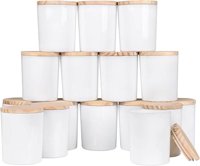 Thick Candle Jars for Making Candles 16 Pcs, 7 OZ Empty Jars with Wood Lids for Candle Making, Sample Container, Glossy White