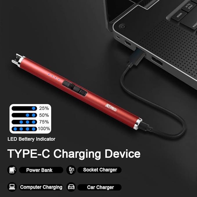 USB Rechargeable Candle Lighter Electronic Arc Lighter Windproof Flameless with Safety Button for Camping Cooking BBQ (Red)