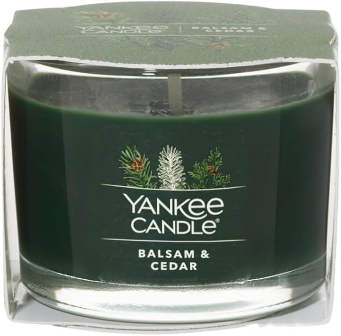 Yankee Candle Signature Votive Mini Candle Jar, Balsam & Cedar Scent, Natural Soy Wax Blend Candle with Natural Fiber Wick, 1.3 OZ Glass Jar (Pack of 12)