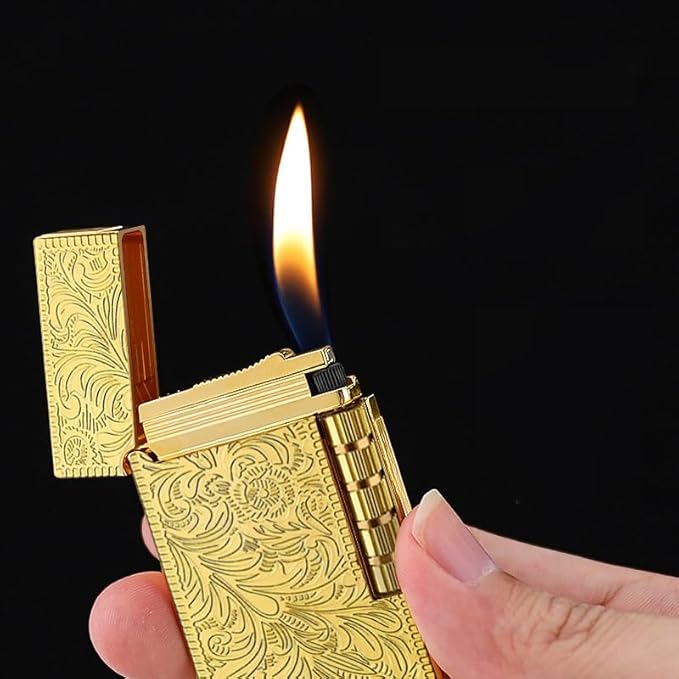 Unique Butane Lighter, MultiCut Geometric Design, Refillable Lighter Soft Flame, Flip-Top Metal Gold Side Wheel Frosted Pocket Lighter, Gifts for Men, Father, Husband (No Fuel)
