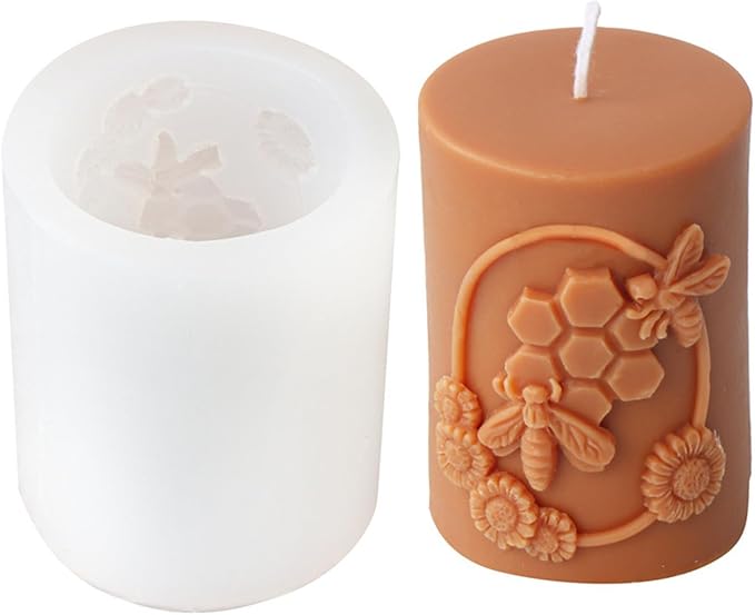 Bee Honeycomb Flower Cylinder Candle Mold, Honeybee Beehive Pillar Silicone Mold for Beeswax Candle, Soy Wax Candle, Plaster Ornament, DIY Crafts (D)