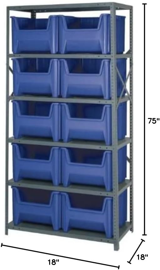 Quantum QSBU-800BL Heavy Duty Shelving Unit with (6) Shelves and (10) QGH800 Blue Bins for Industrial Warehouse Storage Distribution | 400 lbs Load Capacity | 18"D x 36"L x 75"H, Gray Carbon Steel