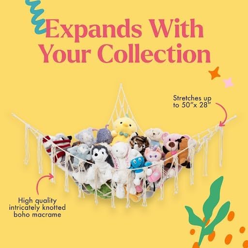 Lilly's Love Stuffed Animal Storage Macrame Hammock, Large - Boho Room Decor Toy Storage - Corner Hanging Plushie Stuffed Animal Net Organizer (Light Pink)