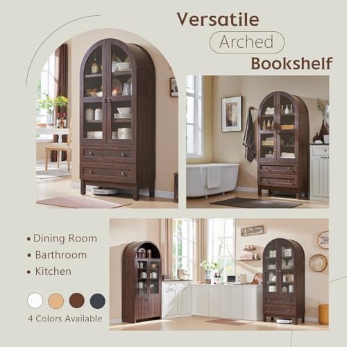IFBUY 71" Tall Arched Bookshelf, 4-Tier Bookcase with Glass Doors and Shelves, Wooden Display Cabinet w/2 Large Storage Drawers, Modern Farmhouse Versatile Bookshelf for Living Room, Bedroom, Brown