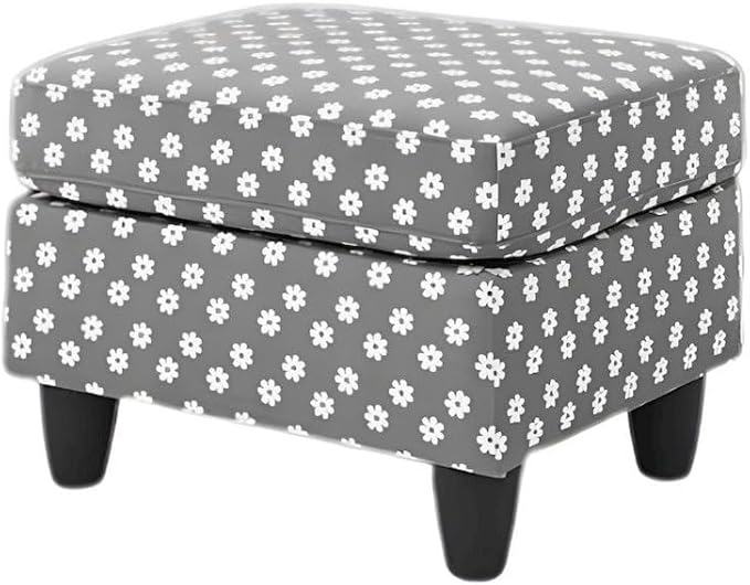 Furnifact Gray Upholstered Ottoman Foot Rest with Daisy Print and Toss Pillow – Mid Century Accent Ottoman Chair for Bedroom or Living Room Decor