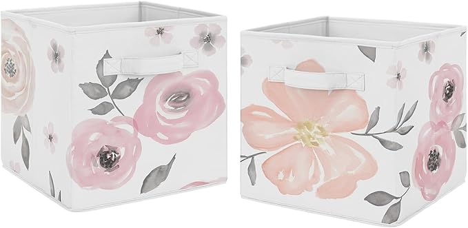 Sweet Jojo Designs Set of 2 Collapsible Fabric Storage Cubes (Pink/Grey Boho Floral) for Girls, Baby, Kids, Childrens Foldable Bins Organizer Boxes Toys (Watercolor, Flower, Elegant Rose, Farmhouse)