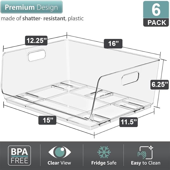 Sorbus Stackable Storage Bins Open Front, Clear Stackable Storage Bins, Pantry Bins for Storage and Organization, Acrylic Stackable Bins for Kitchen, Clear Pantry Organizer Bins (Large 6 Pack)