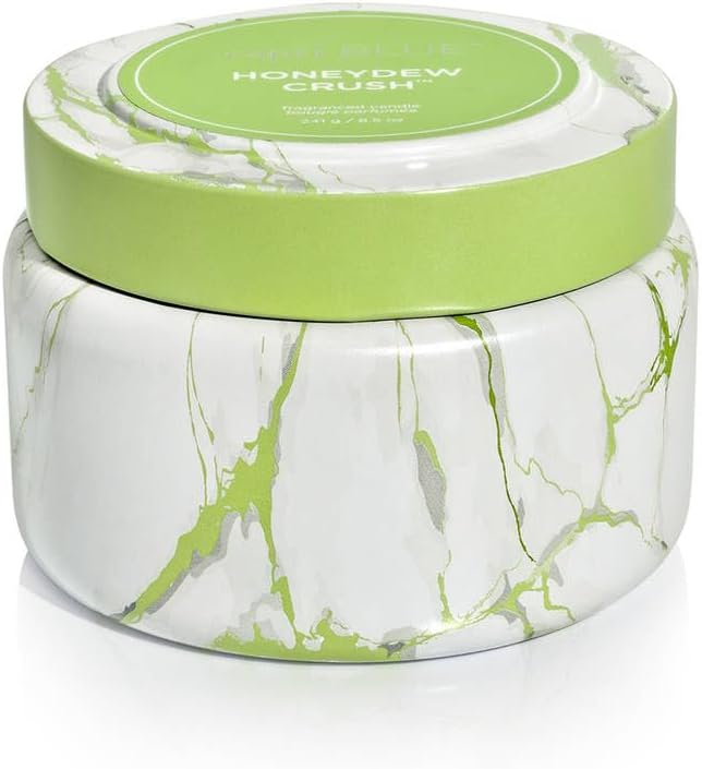 Capri Blue Modern Marble Printed Travel Tin Jar Candles - Luxury Decorative Candles for Home Scented - Long Lasting Soy Wax Blend - Honeydew Crush (8.5 oz)