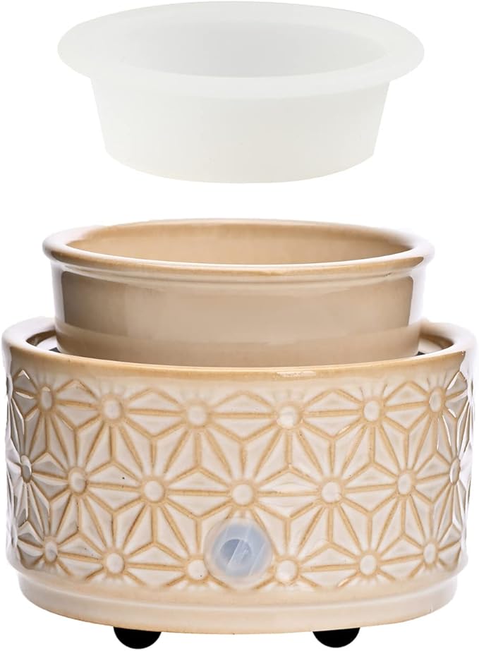 ASAWASA Candle Wax Melt Warmer with 1 pc Silicone Liner,Ceramic Wax Warmer,3-in-1 Candle Wax Melter and Fragrance Warmer for Warming(White Hexagon Pattern)