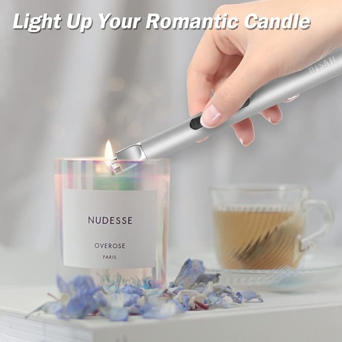 Candle Lighter, Electric USB Rechargeable, Arc Plasma Electronic Windproof Flameless Long Lighter with Safety Switch Hook for Kitchen, Silver and Black