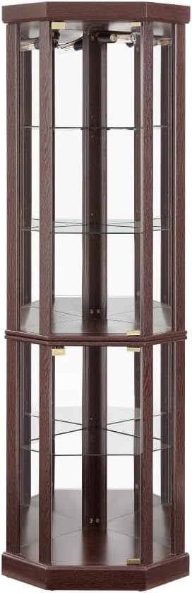 Corner Lighted Glass Curio Cabinet for Living Room Space Saving Vertical Tall Display Case with Light for Antique Wine Bar Glass Storage (Cherry)