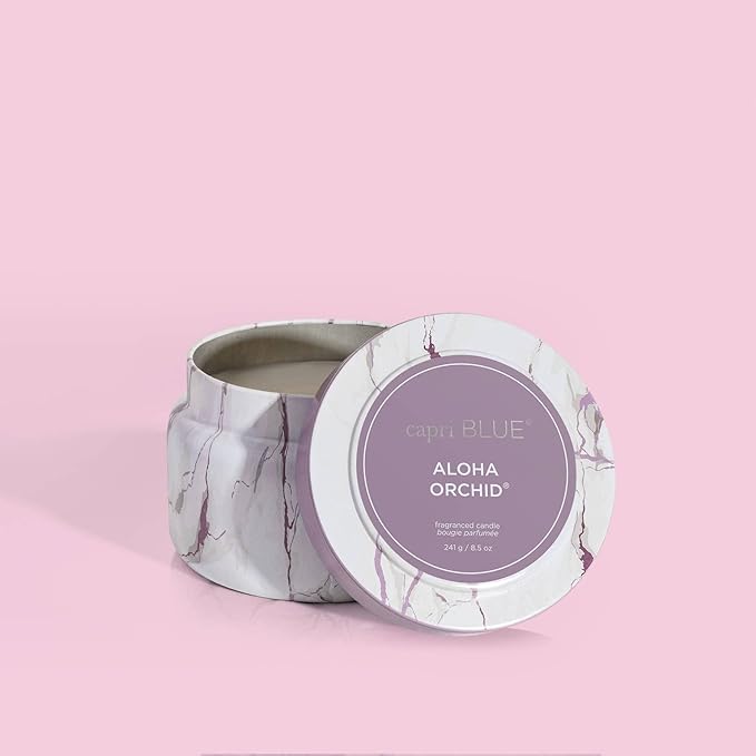 Capri Blue Modern Marble Printed Travel Tin Jar Candles - Luxury Decorative Candles for Home Scented - Long Lasting Soy Wax Blend - Aloha Orchid (8.5 oz)