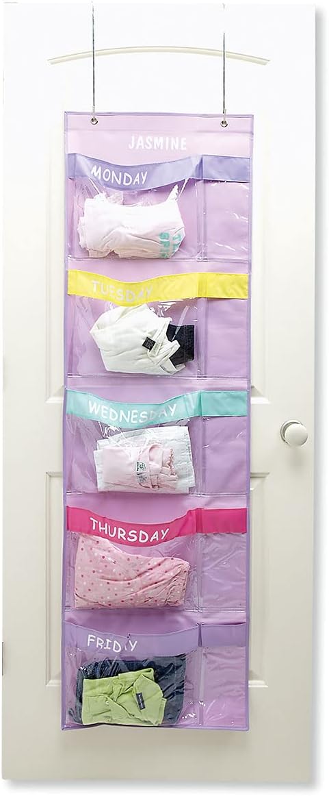 Lillian Vernon Pastel Colors Days Of The Week Hanging Clothing Organizer – Personalize With Name, Weekly Monday-Friday Over Door Weekday Kids Clothes Storage System, Sturdy Pastel Poly, 19-1/2" x 62"