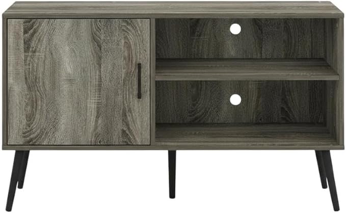 Furnifact Grey French Oak Mid Century Style TV Stand, Wood Legs, One Cabinet, Two Shelves, Elegant Wooden Finish, Durable, Contemporary Design