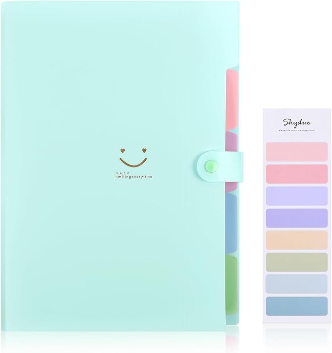 SKYDUE Expanding File Folder with 5 Pockets, Cute Accordion File Organizer, Letter Size Filing Folder, Portable Paper Receipt Organizer, School Office Supplies Green