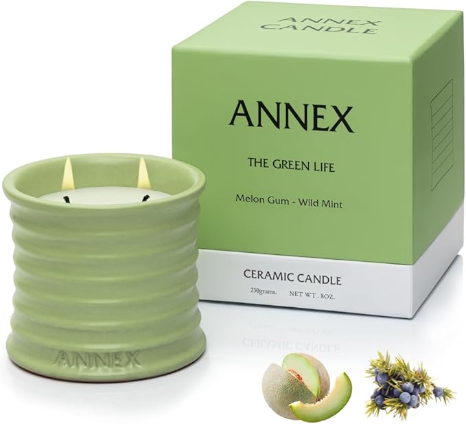 Annex Melon & Juniper Luxury Scented Candle - 8oz Handmade Green Ceramic Jar Candle - 50hr Clean Burn, 100% Non-Toxic Soy Wax, Aesthetic Home Decor Winter Gift for Men Women - Botanical Crisp Scent