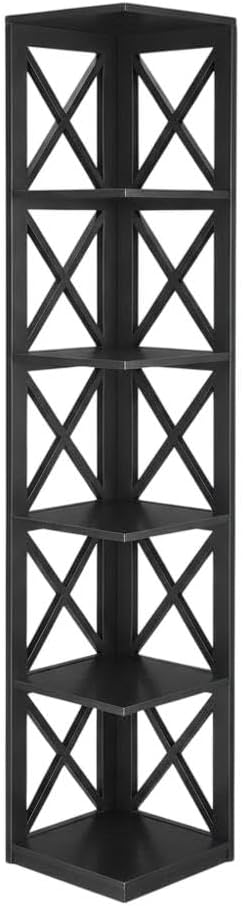 Furnifact Black 5 Tier Corner Bookcase with Spacious Shelves, Modern Design, Durable Non-Lead Base Paint Finish, Ideal for Living Room or Office Storage