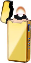 Plasma Rechargeable Electric Lighter with LED Battery Indicator Strong Flame, USB Convenient Charging, Windproof Lighter Outdoor（B-Gold）
