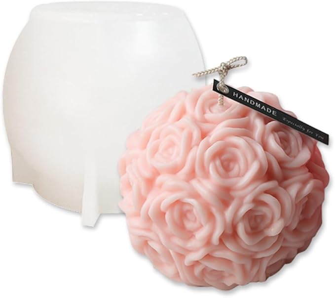 Cestony Valentine's Day 3D Large Rose Ball Candle Silicone Molds for Making Candle Resin Pillar Aromatherapy Gypsum Candles Wax Soap Flower Specimen Clay Craft