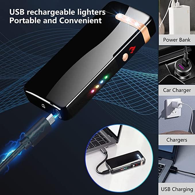 Electric Lighters Rechargeable USB Windproof Flame Lighter Plasma Arc Electronic Lighter with LED Battery Indication for Outdoors Camping, Candles, Incense Stick (Ice Black)