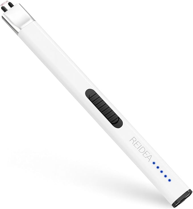 REIDEA Lighter Electronic for Candle, Windproof Flameless USB Rechargeable Arc Lighter with Safe Button and Power Indicator for Candle, BBQ, R1, White