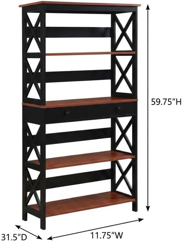 Furnifact Cherry Black 5 Tier Bookcase with Drawer, Durable Particle Board, Melamine Finish, Non Lead Base Paint, Stylish Home Office Storage Solution