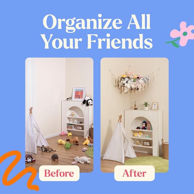 Lilly's Love Stuffed Animal Storage Macrame Hammock, Large - Boho Room Decor Toy Storage - Corner Hanging Plushie Stuffed Animal Net Organizer (White)