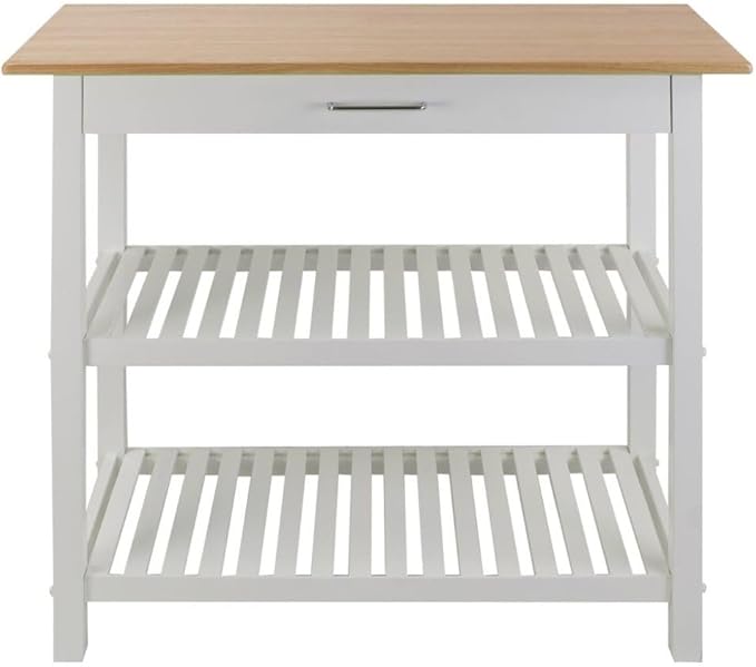 Solid Wood Kitchen Island with Drawer, 2 Open Shelves, White Base and Natural Top, Island Table for Kitchen Storage and Food Prep