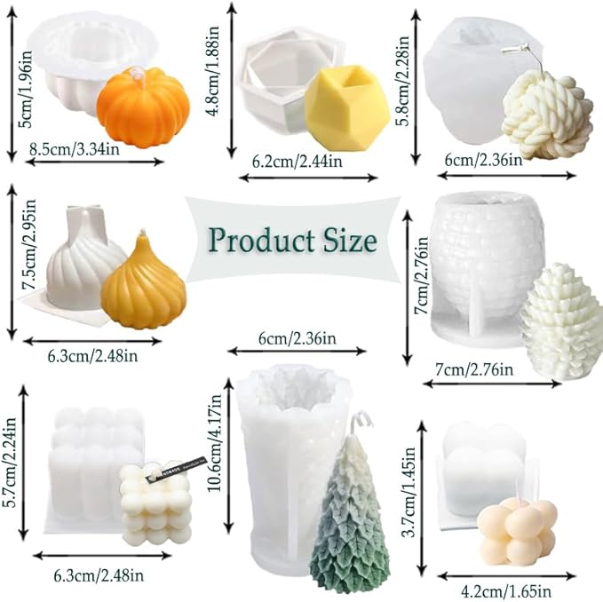 8 pcs Silicone Candle Making Molds Set, 3D Silicone Mold, Pumpkin Christmas Tree Pine Cone Yarn Ball Bubble Cube Soap Baking Desser Soy Wax Candle Mold, DIY Scented Candle (with 100pcs Wax Core)