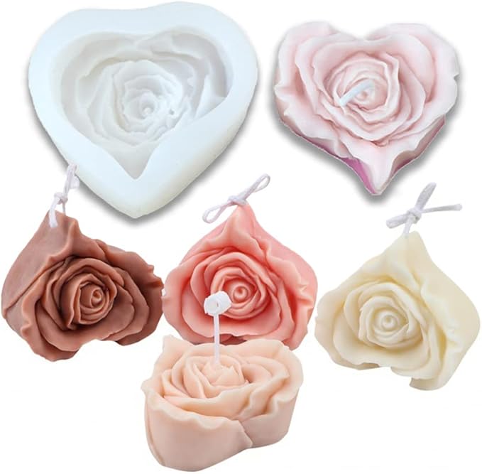 Cestony 3D Heart-Shaped Rose Candle Silicone Molds for Making Candle Resin Pillar Aromatherapy Gypsum Candles Wax Soap Flower Specimen Clay Craft