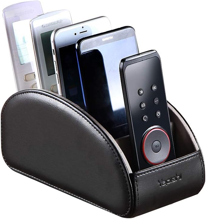 YAPISHI Large Leather TV Remote Control Holder Organizer Black with 5 Compartments Nightstand Desktop Media DVD Player Remote Tray Caddy Storage Box for Mobile Phone Pen Office Stationery Controllers